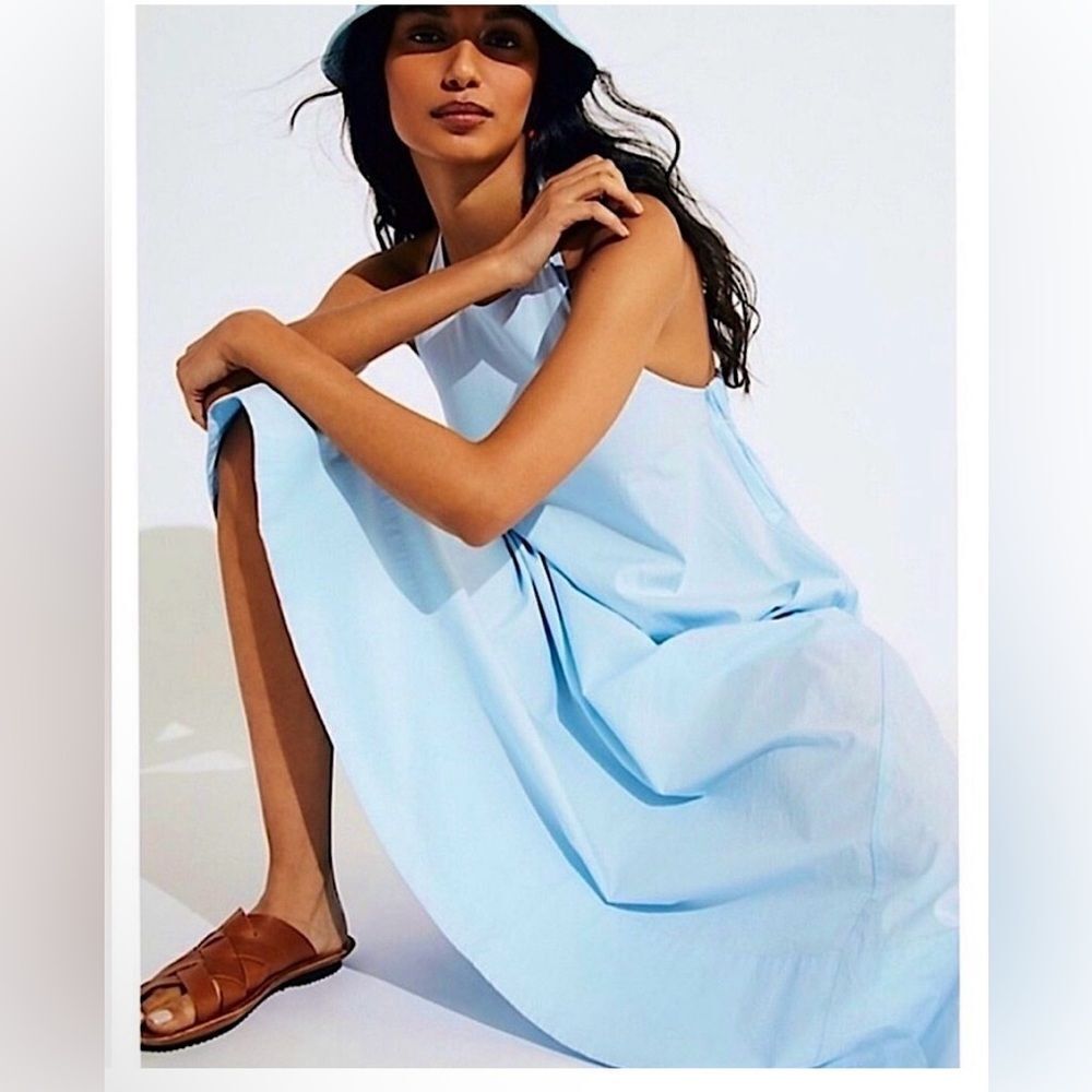 Free People Beachside Tide Maxi Dress Light Blue Pockets Sz Small